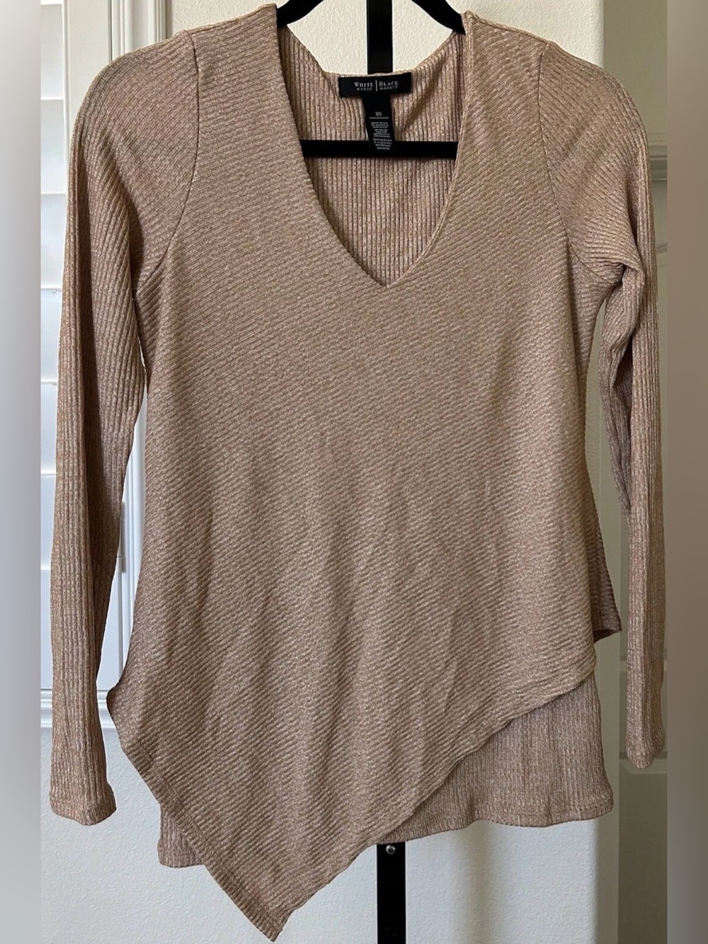White House Black Market Metallic Taupe V-Neck Asymmetric Top